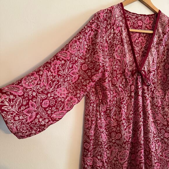 Boho Burgundy Silk Floral V Neck Loose Tunic Dress, Swim Cover up | One Size - Picture 2 of 5